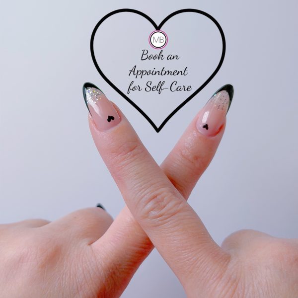 Black French tip nails with silver glitter and heart accents — book a nail appointment at ManiBliss Alpharetta Duluth GA