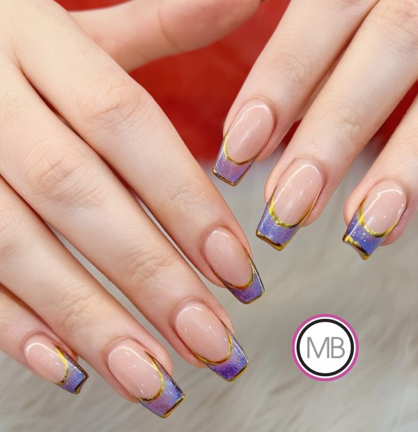 Purple lavender marble shimmer square French tip nails with gold chrome outline by ManiBliss nail salon Alpharetta GA